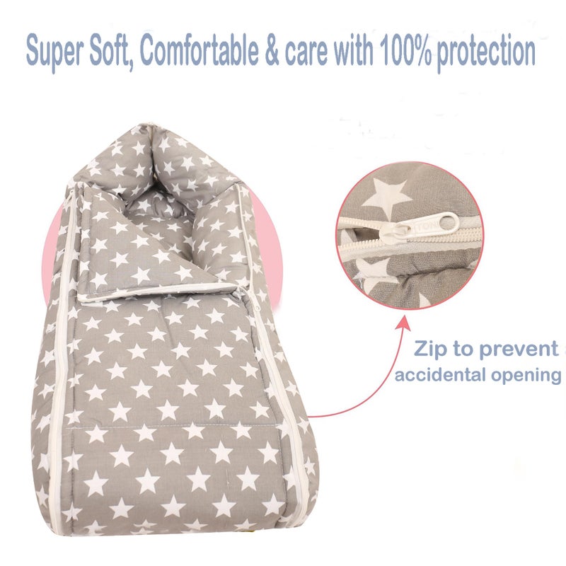 Nonibud Baby Cotton Sleeping Bed Cum Carrying Nest Bag with Storage Bag # Large Size 77 Cms X 40 Cms # 0-9 Months- SkyBlue Star Print (Grey Star) - Image 4