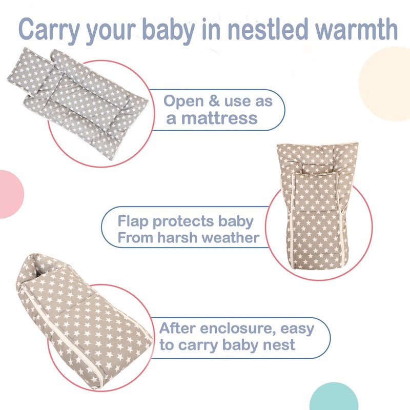 Nonibud Baby Cotton Sleeping Bed Cum Carrying Nest Bag with Storage Bag # Large Size 77 Cms X 40 Cms # 0-9 Months- SkyBlue Star Print (Grey Star) - Image 5