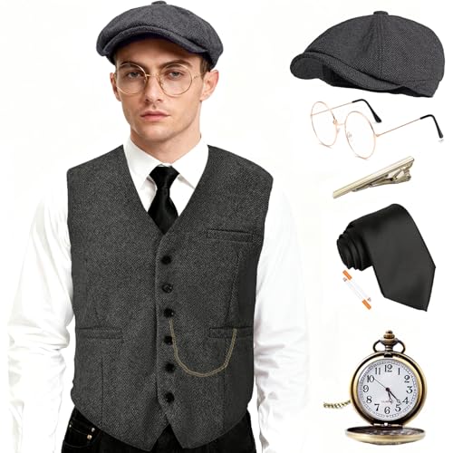 EFORLED Halloween 1920s Mens Costume Accessories Set,Great Gatsby Clothing,Roaring 20s Pocket Watch,Mafia Mobster Hat for Old Man,1DGray-XXL1 - Image 1