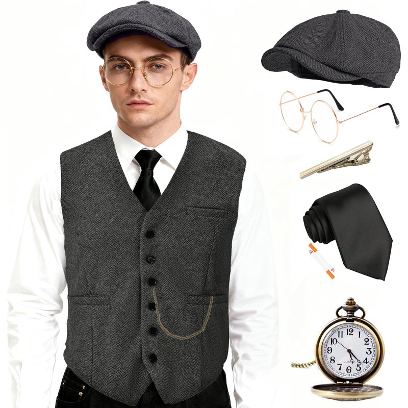EFORLED Halloween 1920s Mens Costume Accessories Set,Great Gatsby Clothing,Roaring 20s Pocket Watch,Mafia Mobster Hat for Old Man,1DGray-XXL1 - Image 4