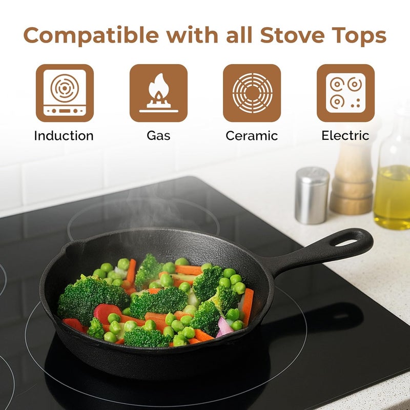 Home Essentials 20cm Cast Iron Frying Pan/Skillet with Long Handle & Silicone Grip | Pre-Seasoned, Induction Friendly | Non-Stick Pan | 100% Pure Cast Iron, Toxin-Free & Chemical-Free | Black - Image 2