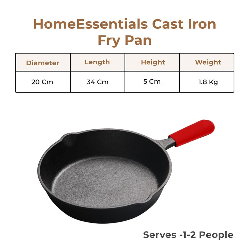 Home Essentials 20cm Cast Iron Frying Pan/Skillet with Long Handle & Silicone Grip | Pre-Seasoned, Induction Friendly | Non-Stick Pan | 100% Pure Cast Iron, Toxin-Free & Chemical-Free | Black - Image 5