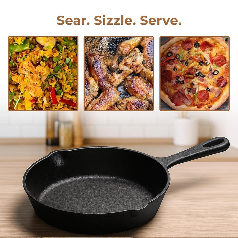 Home Essentials 20cm Cast Iron Frying Pan/Skillet with Long Handle & Silicone Grip | Pre-Seasoned, Induction Friendly | Non-Stick Pan | 100% Pure Cast Iron, Toxin-Free & Chemical-Free | Black - Image 3