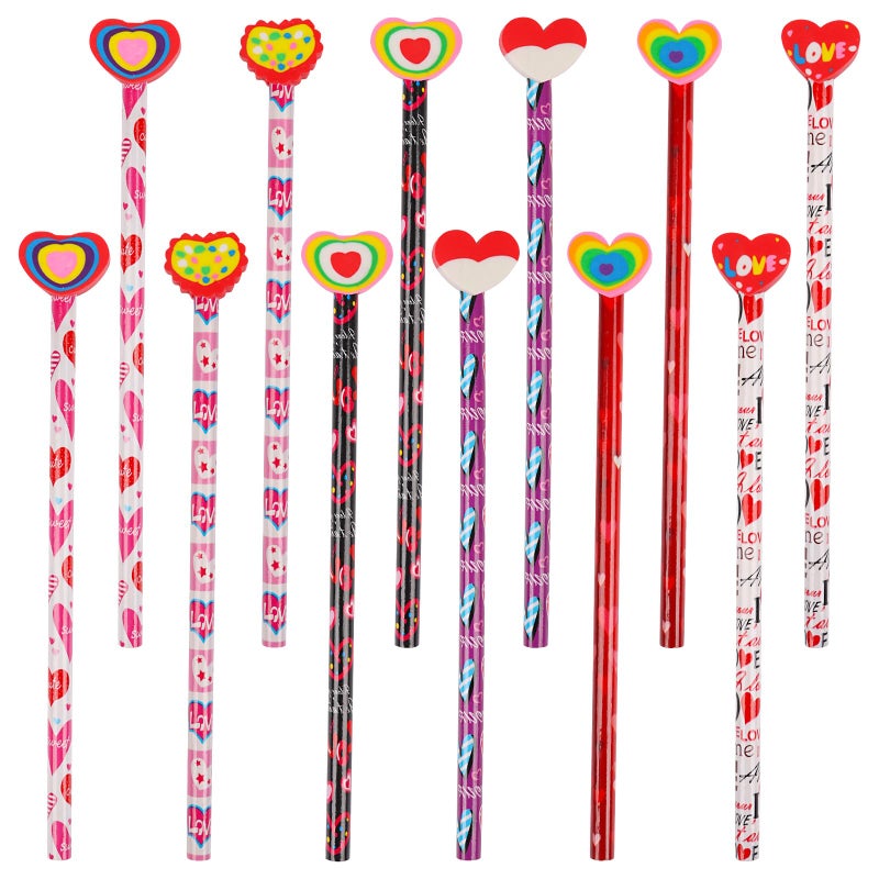 FOIMAS 24pcs Valentine Pencils with Giant Erasers Topper Decorated with Love Hearts Assortment Valentine Stationery Pencil Bulk for Valentine's Day Goodie Bag Filler School Teacher - Image 1