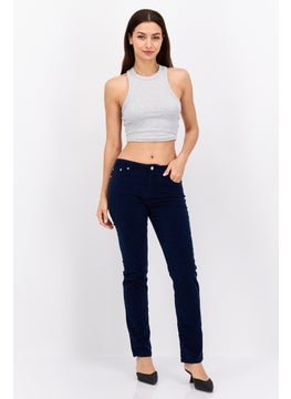 Robe Di Kappa Women Slim Fit Solid Corduroy Pants, Navy Blue  - Image 4