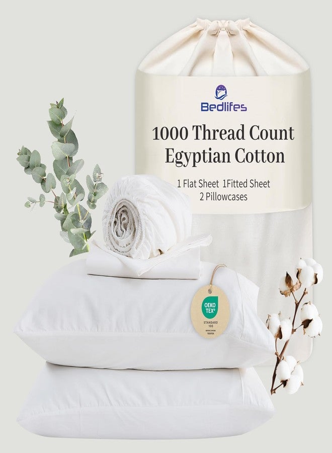 Bedlifes Egyptian Cotton Sheets 1000 Thread Count King Size, 4-Piece 16" Deep Pocket - Cooling & Breathable Ultra Soft Bedding for Hotel Comfort (White) - Image 1