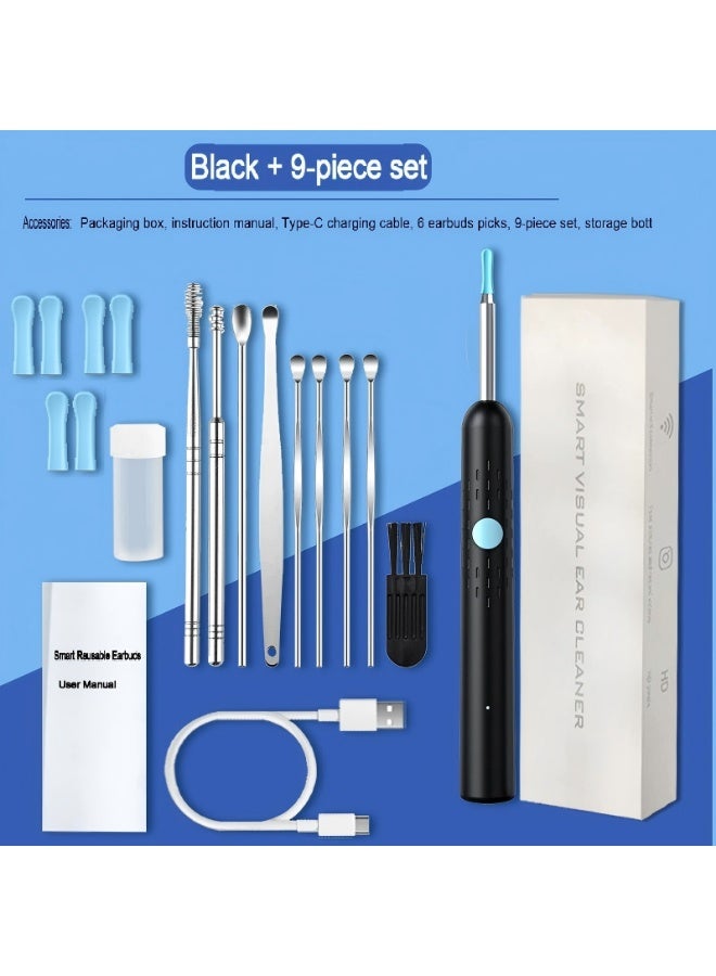9-piece earwax removal kit, ear cleaner with camera and light, earwax removal tool with 1080P camera, ear cleaning kit with 6 spoons (black) - Image 1
