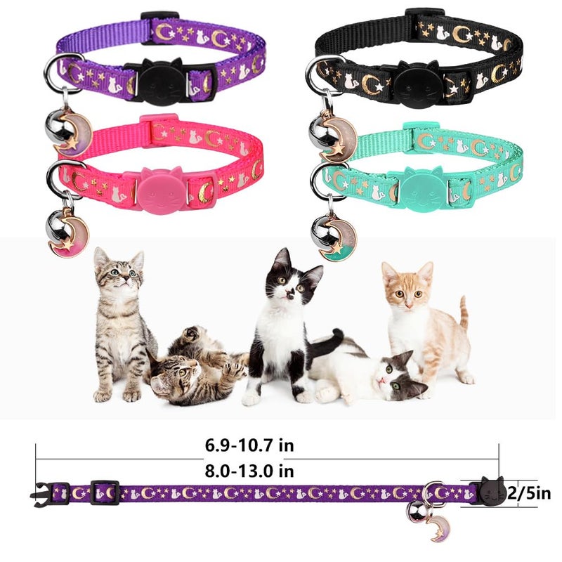 Baeuppit 4PCS Cat Collar with Bells,Breakaway Cat Collars,Moons Stars Cute Kitty Adjustable Safe Kitten Collars Pendant Glow in The Dark,Cat Collars for Girl Cats 8.0-13.0 Inch(Black&Purple&Pink&Teal) - Image 5