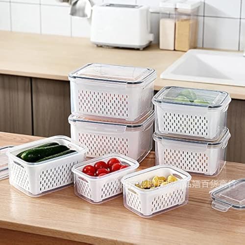 FWQPRA Refrigerator Storage Box | Fridge Fresh Kitchen Organizer | Vegetable Fruit Boxes | Drain Basket Kitchen Storage Containers With Lid Polypropylene & Silicone | Pack Of 4, White, 23 x 23 x 14 Cm - Image 1
