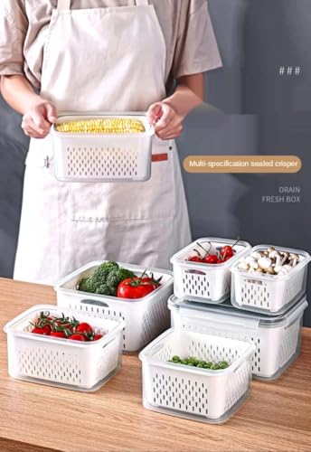 FWQPRA Refrigerator Storage Box | Fridge Fresh Kitchen Organizer | Vegetable Fruit Boxes | Drain Basket Kitchen Storage Containers With Lid Polypropylene & Silicone | Pack Of 4, White, 23 x 23 x 14 Cm - Image 3