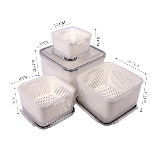 FWQPRA Refrigerator Storage Box | Fridge Fresh Kitchen Organizer | Vegetable Fruit Boxes | Drain Basket Kitchen Storage Containers With Lid Polypropylene & Silicone | Pack Of 4, White, 23 x 23 x 14 Cm - Image 4