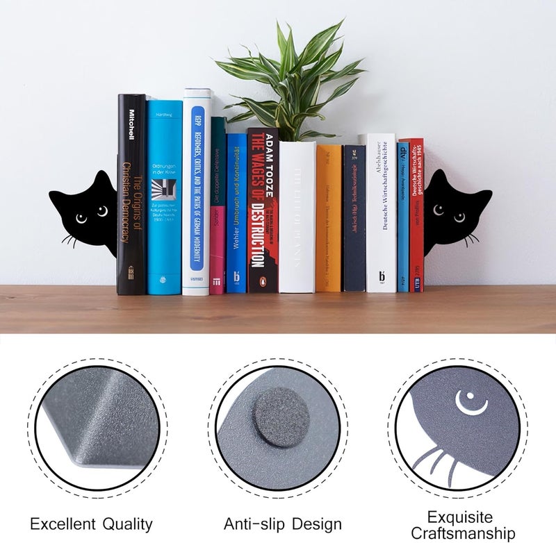 TYLCC Bookends Metal Cat Book Ends, 1 Pairs Cute Bookends for Shelves Decorative for Home Office Desk Bookshelf Decor (Black, Full-face) - Image 3