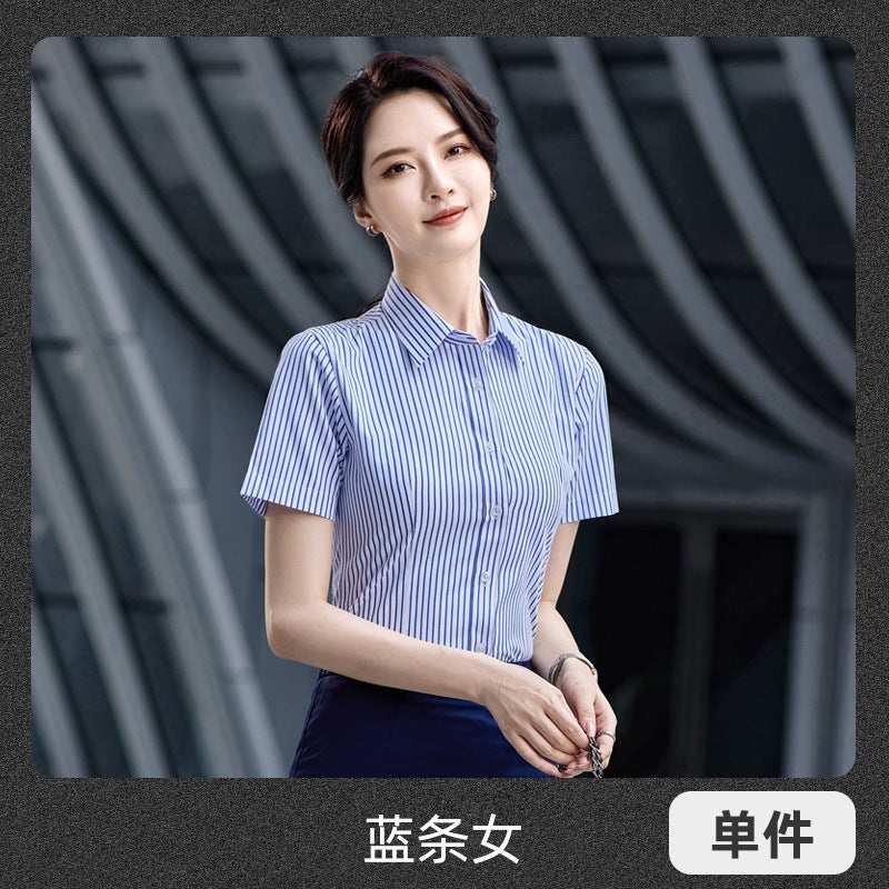 Mens and womens black and white vertical stripes business shirt short sleeve summer shirt bank salesman work clothes factory clothes embroidered logo Women's blue striped shirt