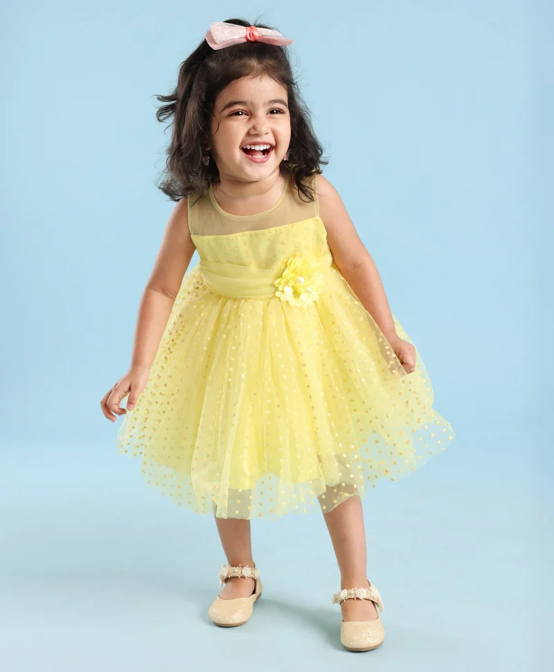babyhug Babyhug Sleeveless Polka Flock Print Party Frock with Floral Applique- Yellow