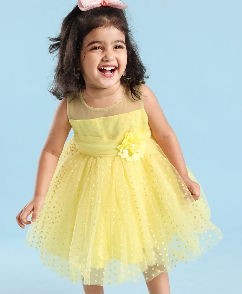 babyhug Babyhug Sleeveless Polka Flock Print Party Frock with Floral Applique- Yellow