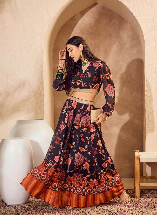 SASSAFRAS Sassafras Black Floral Print Wrap Crop Top with Anarkali Skirt Co-Ords