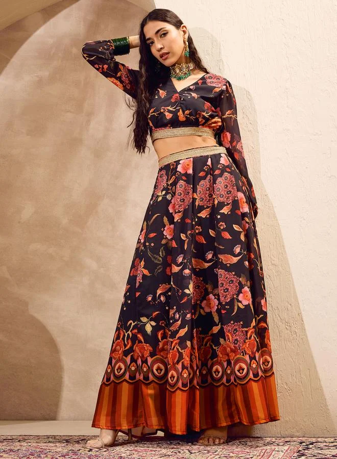 SASSAFRAS Sassafras Black Floral Print Wrap Crop Top with Anarkali Skirt Co-Ords