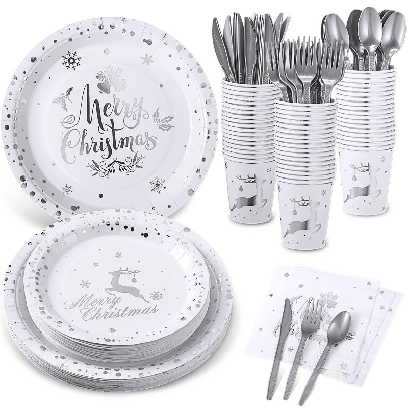 175 Pcs Merry Christmas Party Dinnerware Foil Dots Christmas Paper Plates Set Elk Disposable Xmas Plates Napkins Cups for New Year Wedding Birthday Baby Shower Party Supplies Decoration White Silver