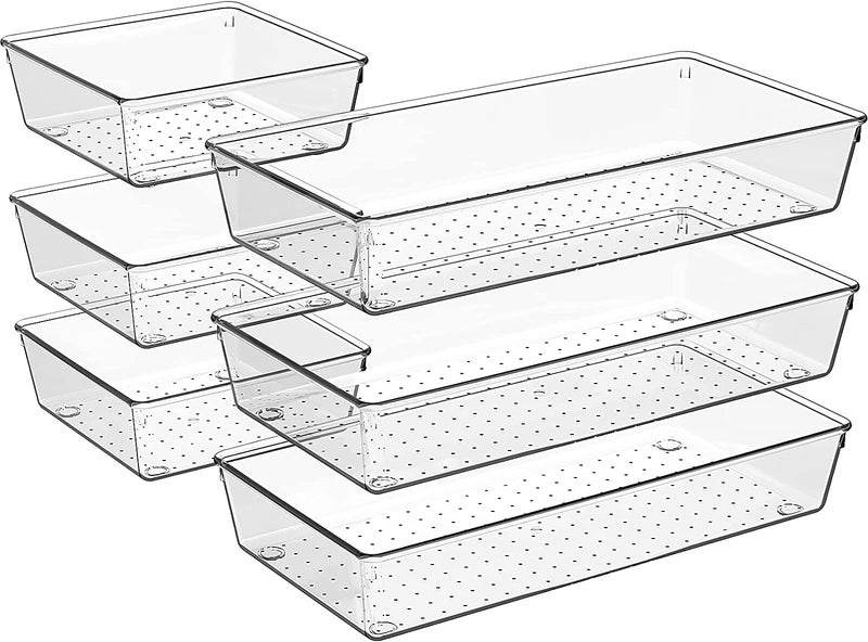 Snazzy 6 Pack Large Size Stackable Clear Plastic Drawer Organizers, Versatile Acrylic Bathroom Drawer Organizer Trays, Storage Bins for Makeup, Bathroom, Kitchen and Office - Image 1