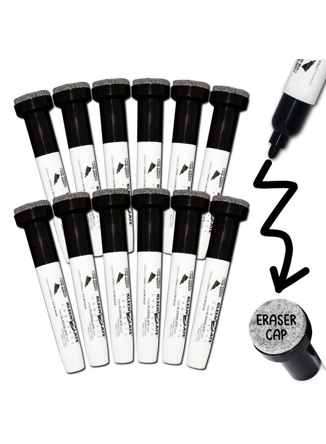 Kleenslate (12) Pack Large Black Dry Erase Markers With Eraser Cap, Round Point - Image 1