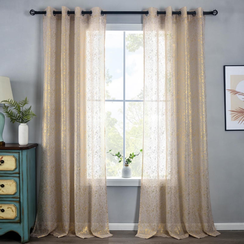 TERLYTEX TERLYEX Shimmer Gold Sheer Curtains 95 Inches Long, 2 Panels Metallic Foil Taupe Curtains for Living Room, Grommet Privacy Light Filtering Sparkle Drapes, 52 x 95 Inch - Image 2