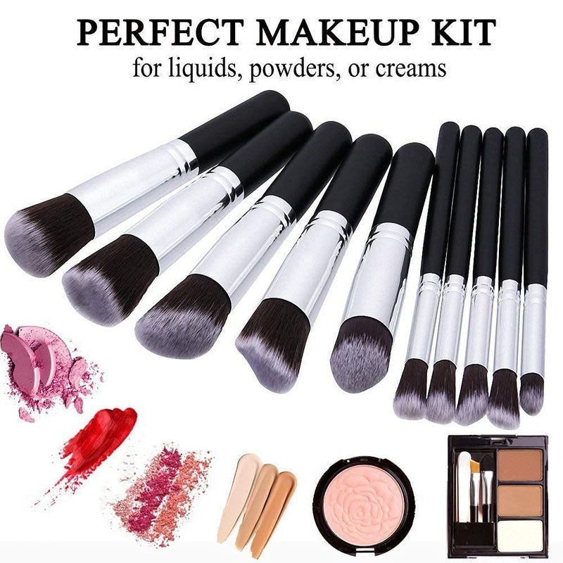 Rich beauty Fiber Bristle Makeup Brushes Set Tool Pro Foundation Eyeliner Eyeshadow Black with Sponge Puff 2 pcs Black 10 Pieces  - Image 2