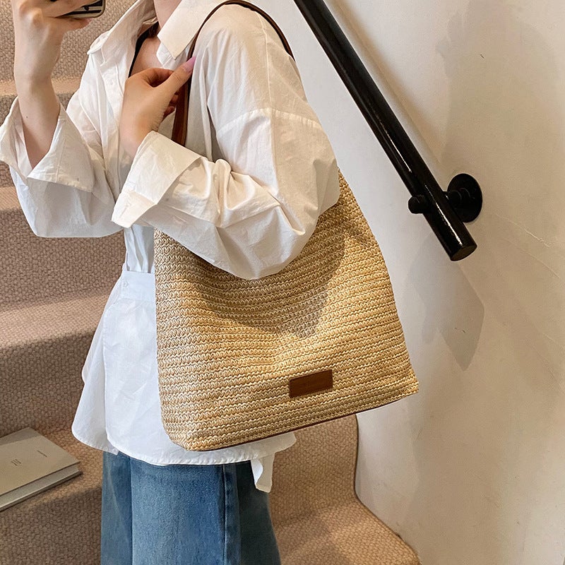 2025 Versatile Casual One-Shoulder Woven Straw Bag Contrasting Color Large Capacity Tote Bag For Women Seaside Beach - Image 5