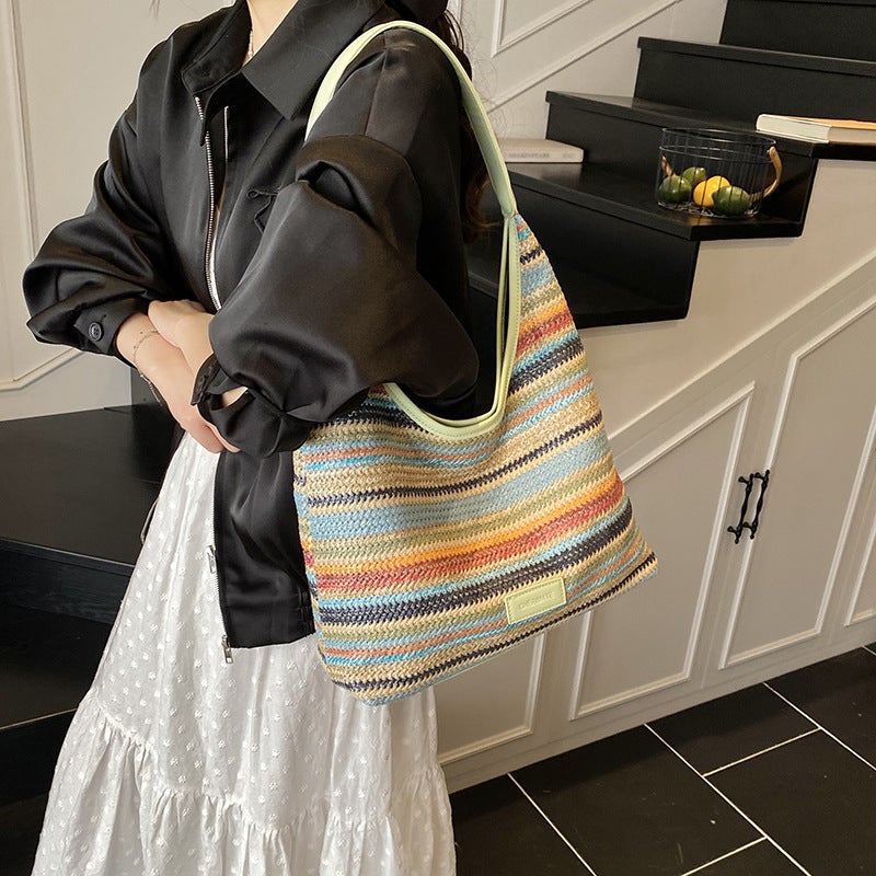 2025 Versatile Casual One-Shoulder Woven Straw Bag Contrasting Color Large Capacity Tote Bag For Women Seaside Beach - Image 2