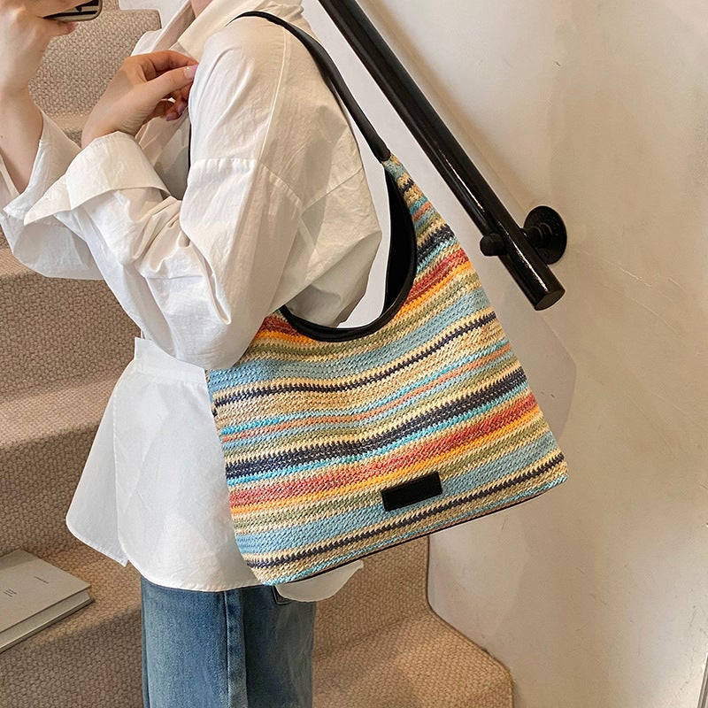 2025 Versatile Casual One-Shoulder Woven Straw Bag Contrasting Color Large Capacity Tote Bag For Women Seaside Beach - Image 3