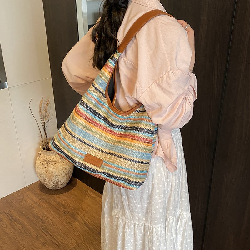 2025 Versatile Casual One-Shoulder Woven Straw Bag Contrasting Color Large Capacity Tote Bag For Women Seaside Beach - Image 4