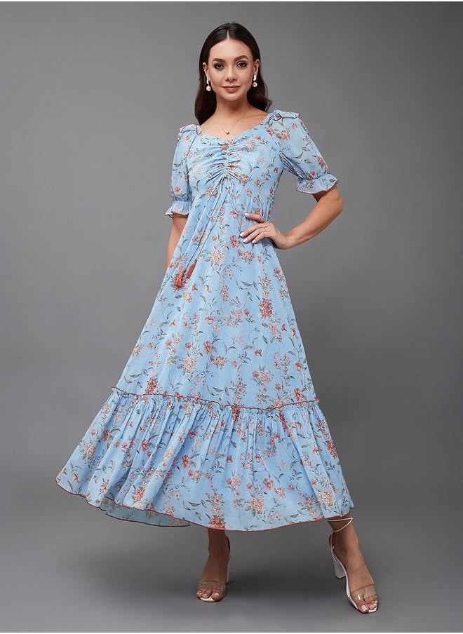 Styli All-Over Printed Ruched Detail A-Line Maxi Dress  - Image 1