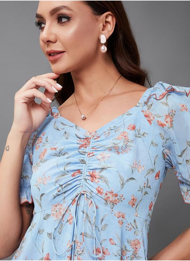 Styli All-Over Printed Ruched Detail A-Line Maxi Dress  - Image 5
