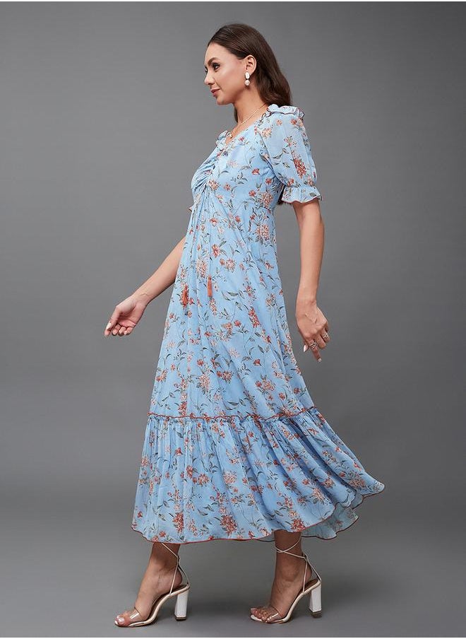 Styli All-Over Printed Ruched Detail A-Line Maxi Dress  - Image 3