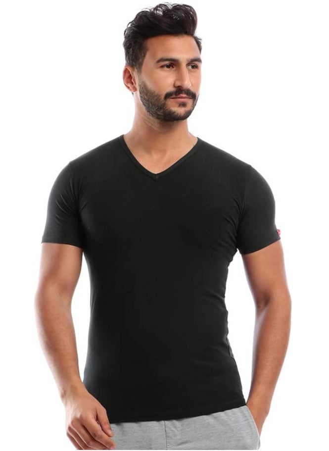 COTTONIL Stretch Men Half Sleeves (V Neck) Undershirt Black  - Image 1