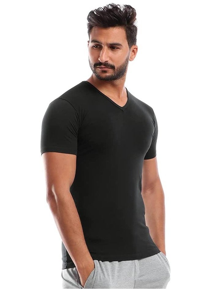 COTTONIL Stretch Men Half Sleeves (V Neck) Undershirt Black  - Image 2