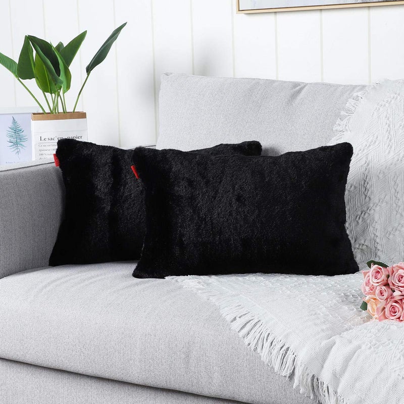 MANDIOO Pack of 2 Black Faux Fur Fuzzy Cozy Soft Decorative Throw Pillow Covers Lumbar Set Cushion Cases Pillowcases for Sofa Bedroom Car 12x20 Inches - Image 1