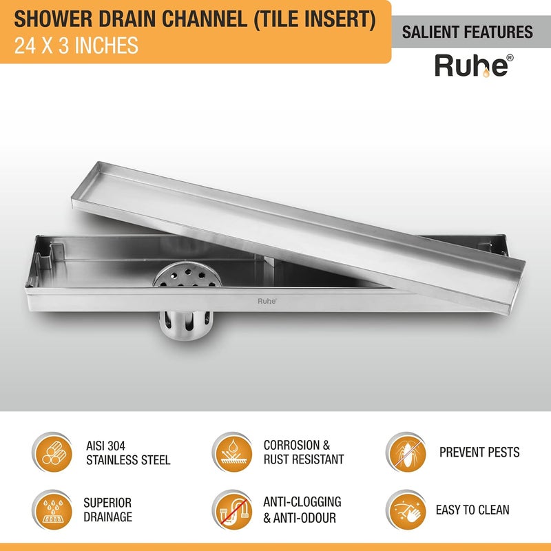 Ruhe® Tile Insert Shower Drain Channel | 24 x 3 Inches Waste Water Floor Drain for 13mm Tile | 304 Stainless Steel Invisible Shower Drain Channel | Drain Channel with Cockroach Trap and Side Hole - Image 3