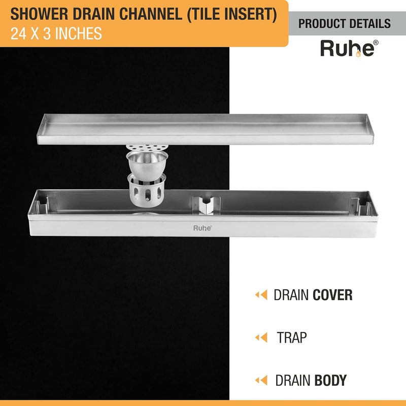 Ruhe® Tile Insert Shower Drain Channel | 24 x 3 Inches Waste Water Floor Drain for 13mm Tile | 304 Stainless Steel Invisible Shower Drain Channel | Drain Channel with Cockroach Trap and Side Hole - Image 4