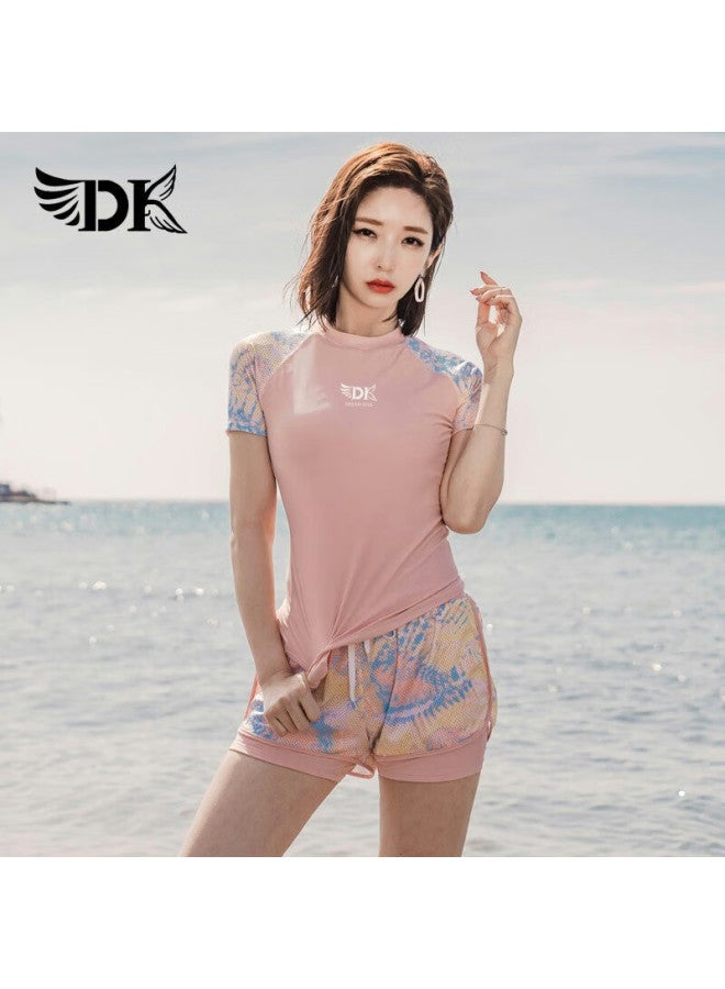 Dk Women's Two-piece Swimsuit, Korean Style, Conservative, Tummy-concealing, Slimming, Hot Spring, Sports, Swimming Costume, Pink Flower, Short Sleeve Shorts, M
