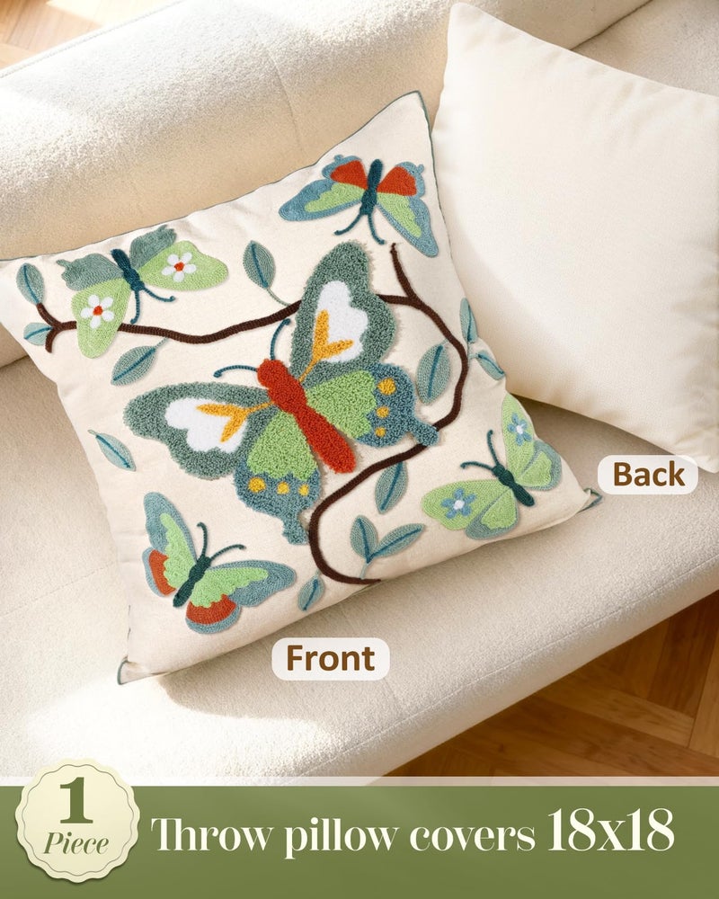 Kokaaee Embroidered Throw Pillow Cover 18x18 Inch - Spring Summer Boho Decorative Pillow Cover with Zipper for Living Room Couch Sofa Bed Aesthetic Design Branch Butterfly Cushion Pillowcase - Image 4