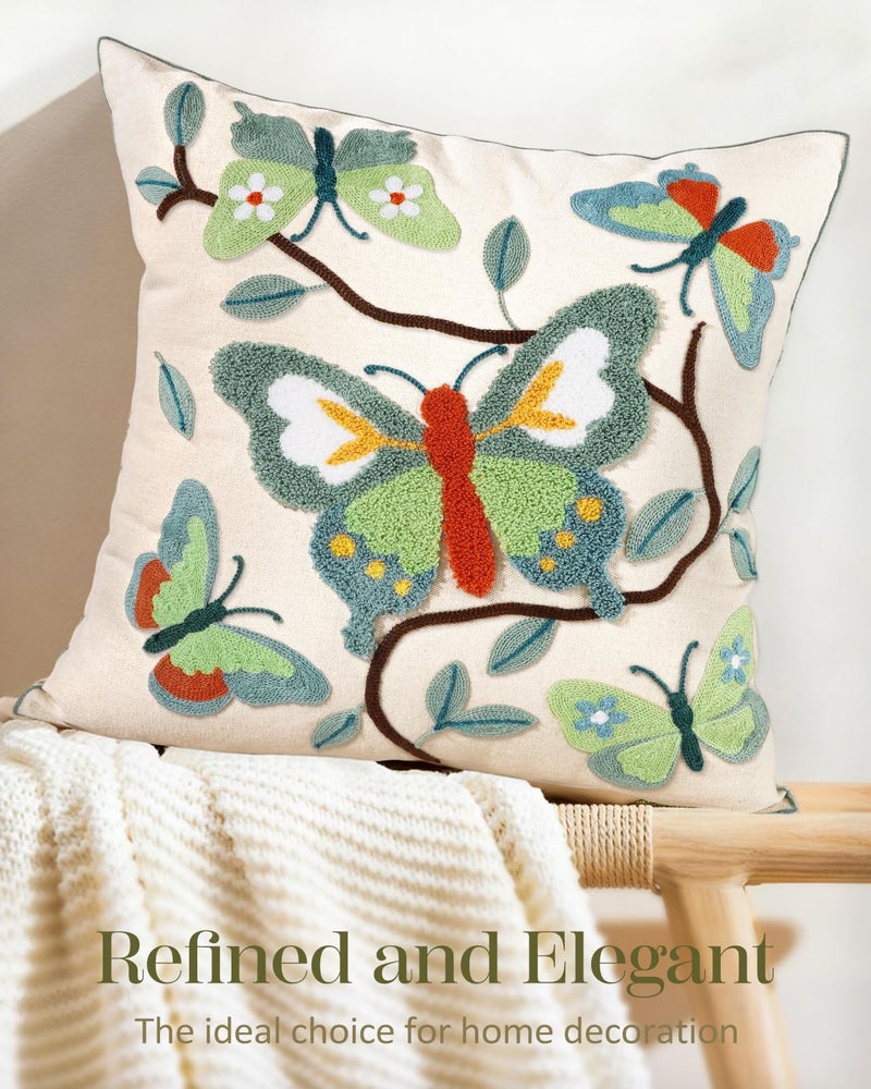 Kokaaee Embroidered Throw Pillow Cover 18x18 Inch - Spring Summer Boho Decorative Pillow Cover with Zipper for Living Room Couch Sofa Bed Aesthetic Design Branch Butterfly Cushion Pillowcase - Image 5