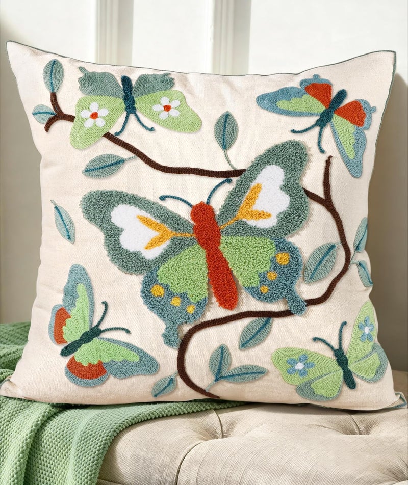 Kokaaee Embroidered Throw Pillow Cover 18x18 Inch - Spring Summer Boho Decorative Pillow Cover with Zipper for Living Room Couch Sofa Bed Aesthetic Design Branch Butterfly Cushion Pillowcase - Image 1