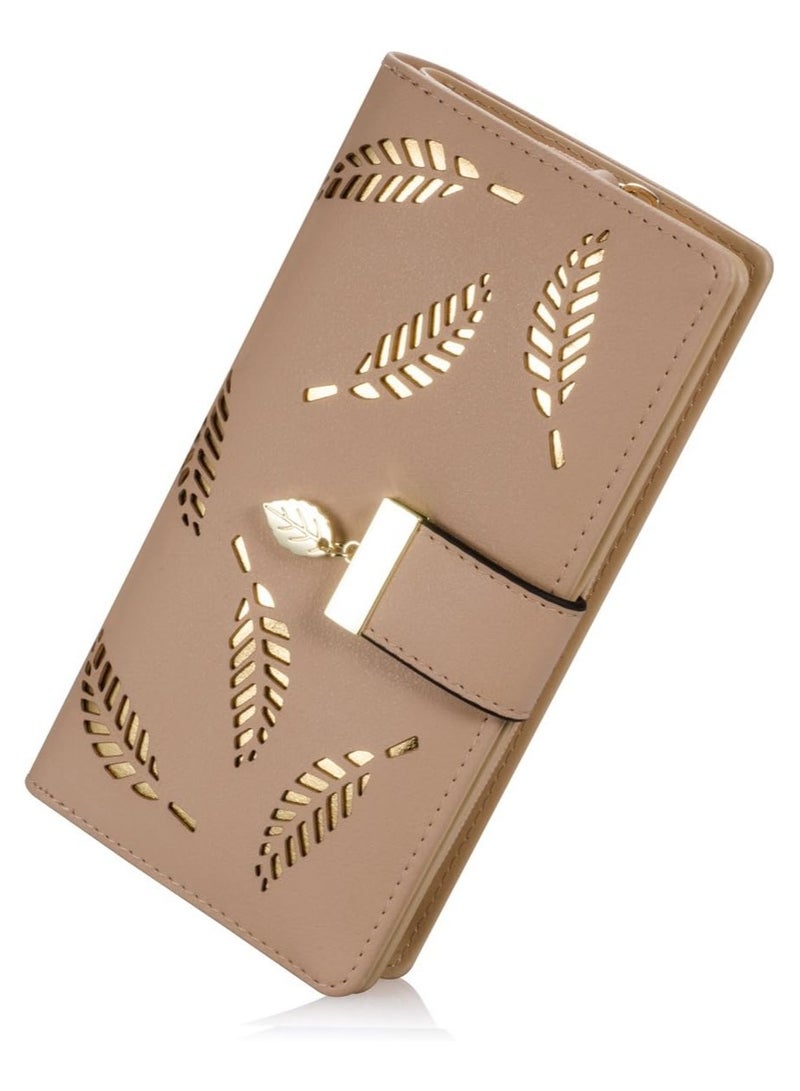 Sweet Cute Chocolate Women's Long Leaf Bifold Wallet Leather Card Holder Purse Zipper Buckle Elegant Clutch Wallet Handbag, Khaki, One Size, Bifold Wallet - Image 1