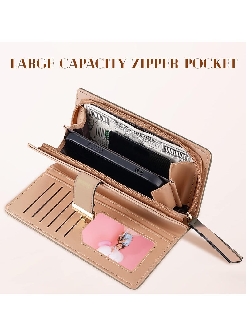 Sweet Cute Chocolate Women's Long Leaf Bifold Wallet Leather Card Holder Purse Zipper Buckle Elegant Clutch Wallet Handbag, Khaki, One Size, Bifold Wallet - Image 3