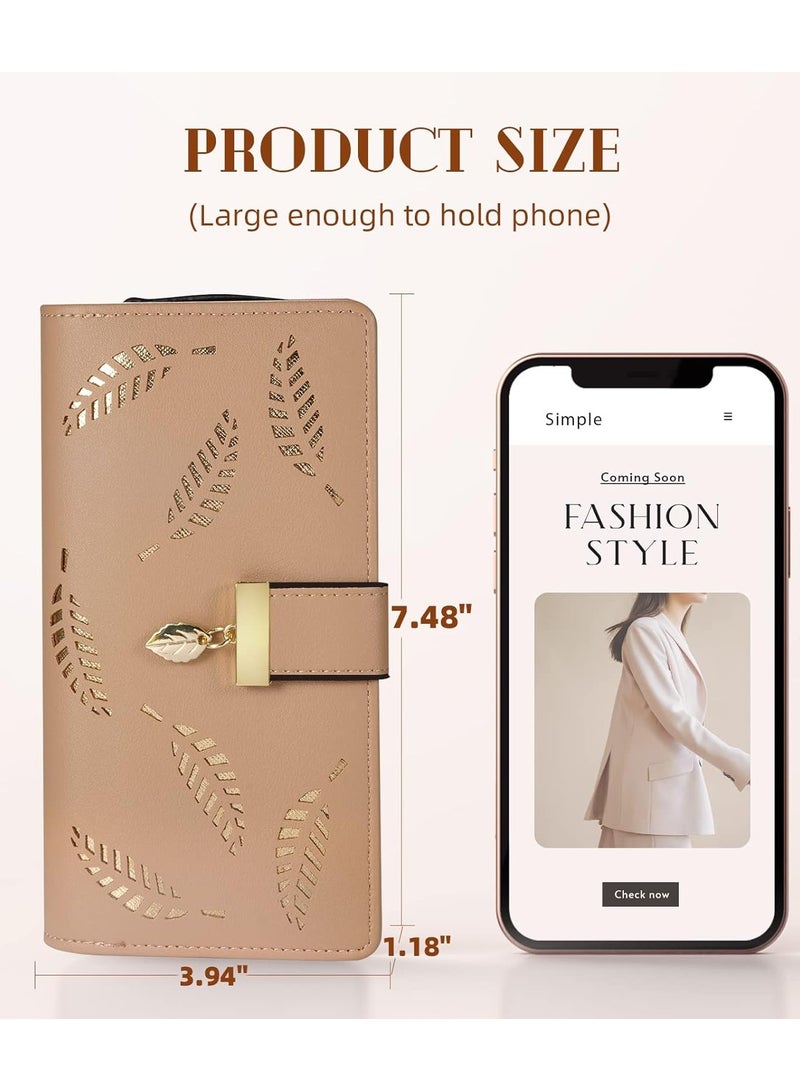 Sweet Cute Chocolate Women's Long Leaf Bifold Wallet Leather Card Holder Purse Zipper Buckle Elegant Clutch Wallet Handbag, Khaki, One Size, Bifold Wallet - Image 4