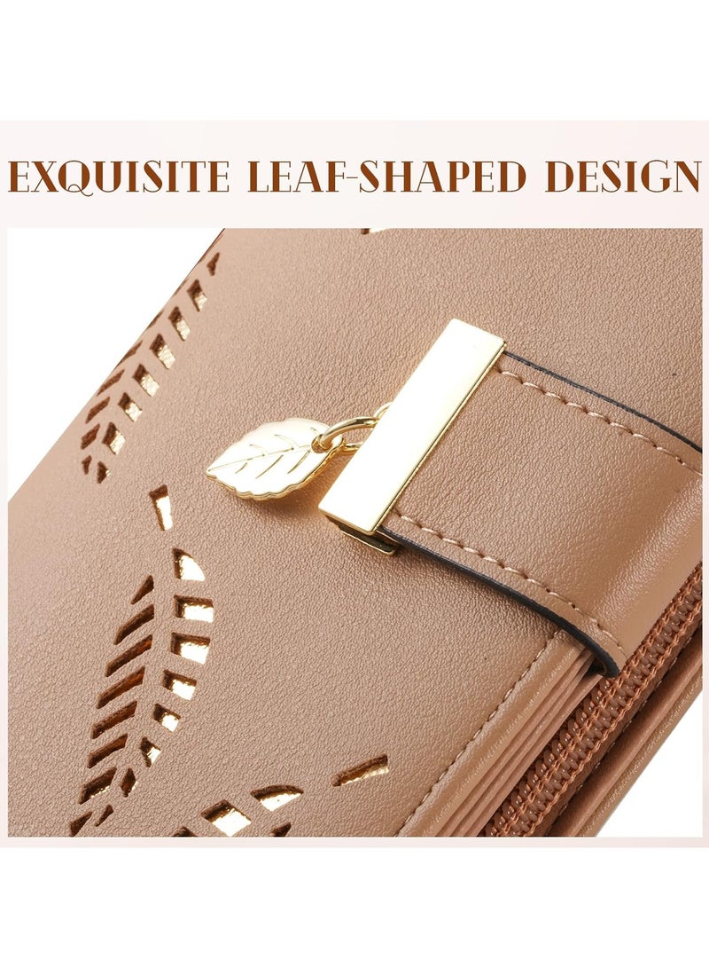 Sweet Cute Chocolate Women's Long Leaf Bifold Wallet Leather Card Holder Purse Zipper Buckle Elegant Clutch Wallet Handbag, Khaki, One Size, Bifold Wallet - Image 5