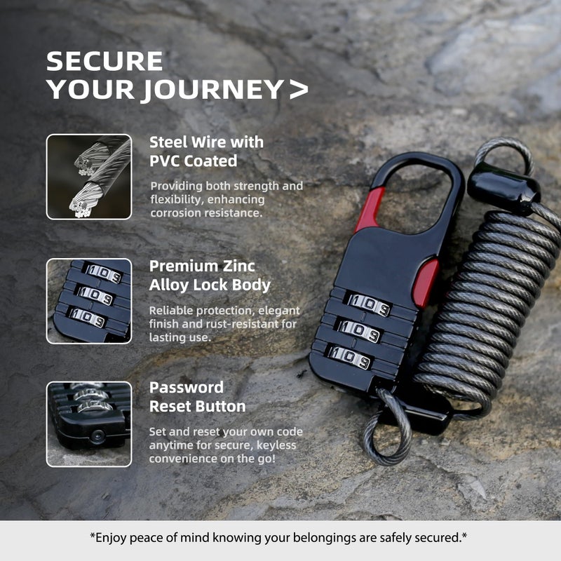 UP Security Small Combination Ski Lock with Retractable Cable (3ft/91cm Wire), Thin Cable Locks with Combination for Travel Luggage, Suitcases, Backpack, Snowboard, Bike, Motorcycle Helmet Anti Theft - Image 4