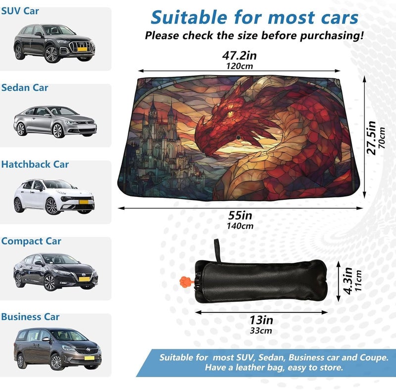 Windshield Sun Shade Umbrella Drago Castle Stain Glass – Fashion Design, Protect Car from Sun & Heat Damage, Easy Store, Universal Fit 55” x 27.5” - Image 3