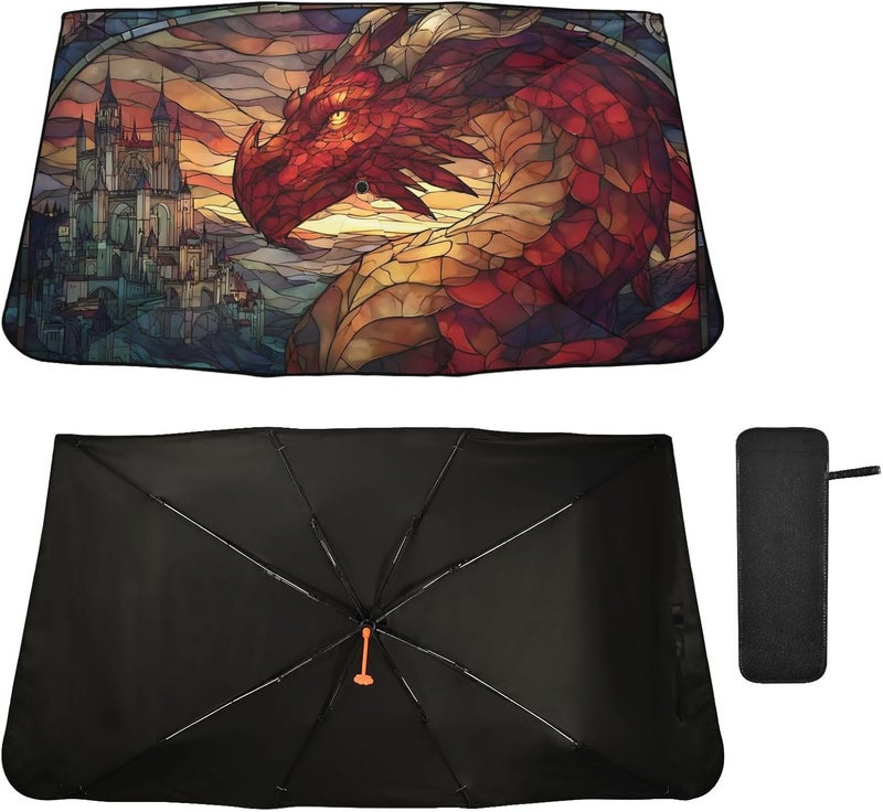 Windshield Sun Shade Umbrella Drago Castle Stain Glass – Fashion Design, Protect Car from Sun & Heat Damage, Easy Store, Universal Fit 55” x 27.5” - Image 2