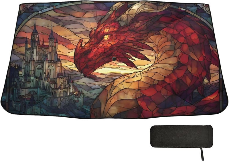 Windshield Sun Shade Umbrella Drago Castle Stain Glass – Fashion Design, Protect Car from Sun & Heat Damage, Easy Store, Universal Fit 55” x 27.5” - Image 1